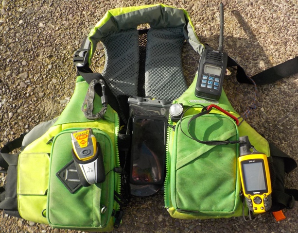 My PFD, PLB, VHF, Strobe, Knife, GPS & Phone. Emergency communication devices need to be tied to you!